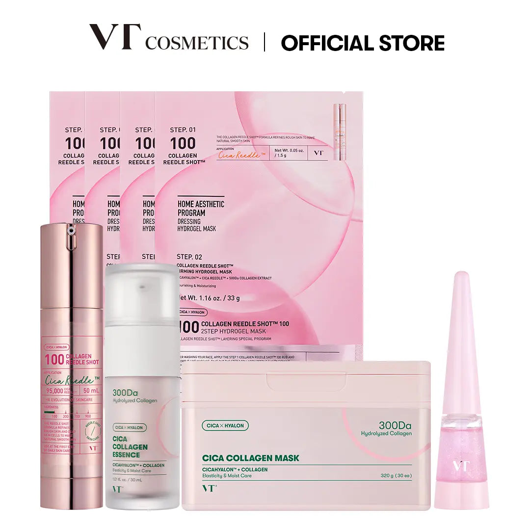 [VT Official][Tiktok Shop Exclusive] Affordable Pink Collagen Skincare Bundle | Collagen Reedle Shot | Sheet Mask | Serum | Overnight Hydrogel Mask | Lip Plumper | Korean Skincare Set