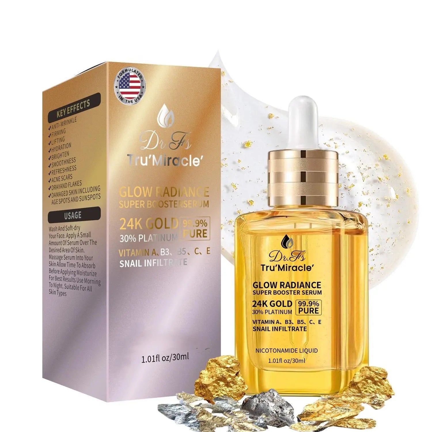 24K Gold Serum for Face with Platinum, Skin Repair Anti-Aging Hydrating, Tightening Firming, Plumping, Lifting Serum Enriched with Retinol, Vitamin B3 C E & Snail Mucin for Boosting Collagen Production, Facial Serum Hydrate Moisturizer Skincare Comfort