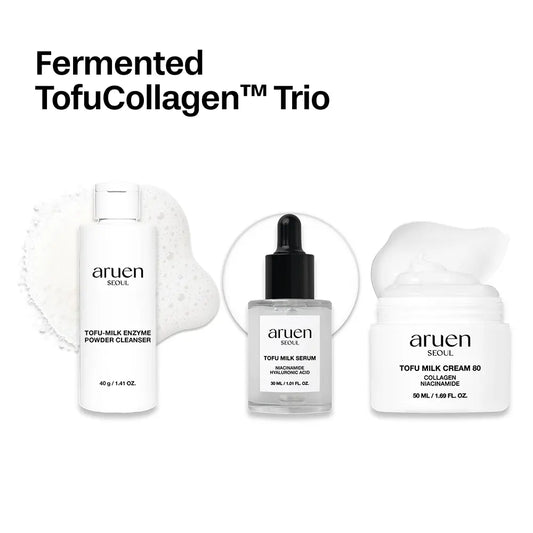 [Aruen Official] Fermented Tofu Collagen Trio - Cleanser + Serum + Cream - 24Hr Fermented Soy Milk with Collagen, Niacinamide & Hyaluronic Acid - Korean Firming & Hydrating Skincare Set for Radiant Skin White Botanical Gels