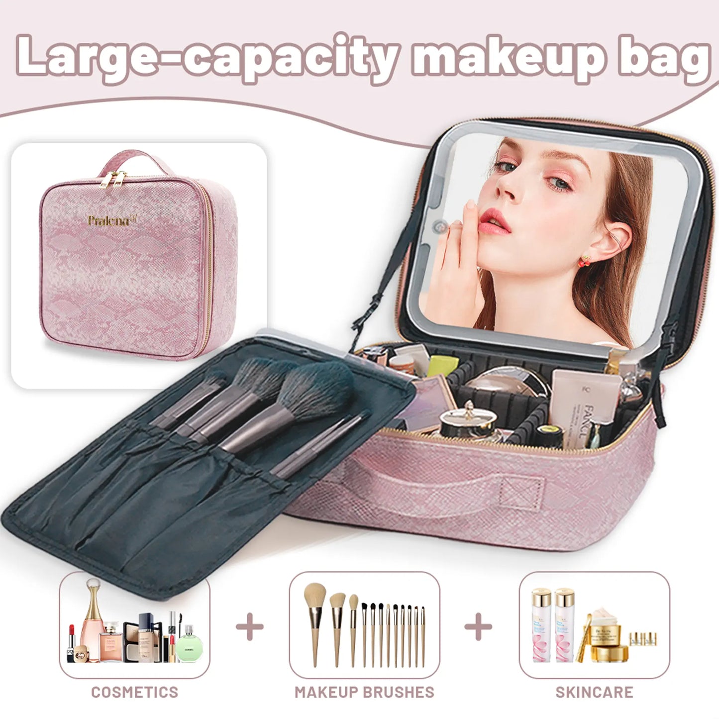 Pralena Travel Makeup Bag with LED Mirror, Cosmetic Train Case with Light up Mirror, Portable Makeup Artist Organizer Bag with Adjustable Dividers, Makeup Brush Holder Storage