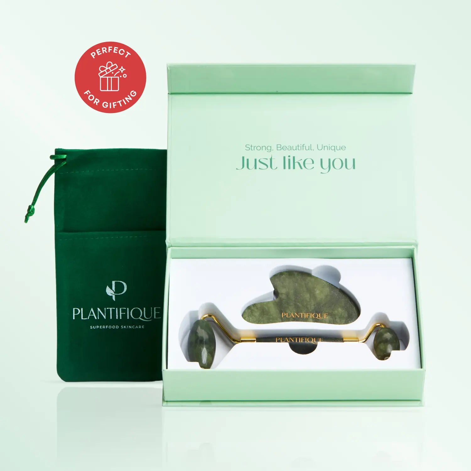 [PLANTIFIQUE Official Shop] Jade Roller and Gua Sha Facial Set – Face Roller & Gua Sha Tool for Jawline Sculpting, Puffiness & Lymphatic Drainage – Real Jade Skincare Tools