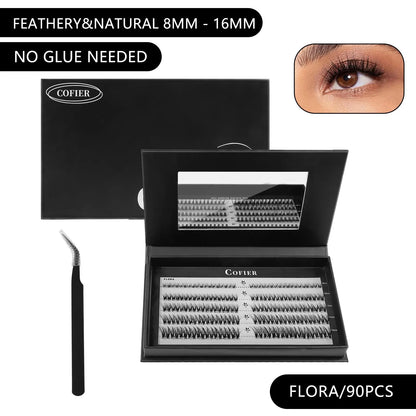 Cofier No Glue DIY Lash Kit Lash Lift Kit at Home Press on Lash Self-Adhesive Eyelash Kit Individual Lashes Beginner Friendly with Tweezers 80/90/120 Pcs Cosmetic Makeup Bottom Lash Clusters