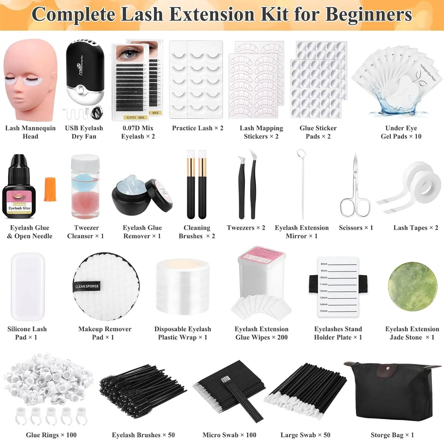 Lashes Kit for Eyelash Extension Beginner Lash Tech Starter Kit with Eye Lash Mannequin , Professional Eyelash Extension Kit with Lash Fan, Extension Glue and Eyelash Remover for Practice