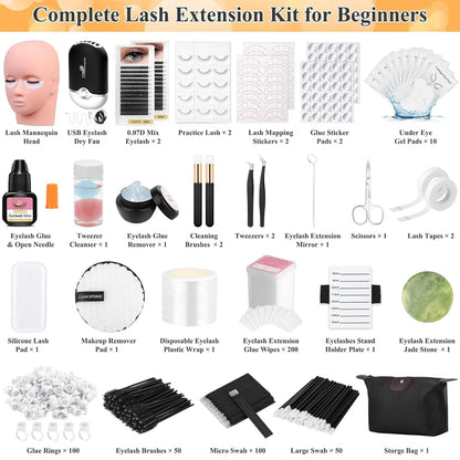 Lashes Kit for Eyelash Extension Beginner Lash Tech Starter Kit with Eye Lash Mannequin , Professional Eyelash Extension Kit with Lash Fan, Extension Glue and Eyelash Remover for Practice