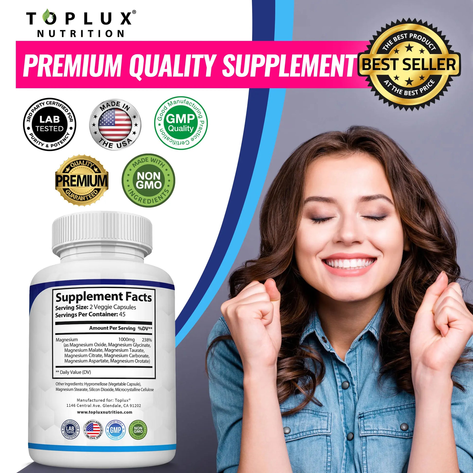 Toplux Magnesium Complex - 8 Essential Magnesium Supplement, 1000 mg