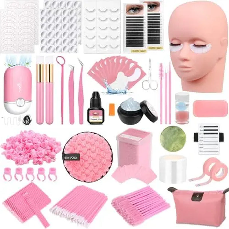Lashes Kit for Eyelash Extension Beginner Lash Tech Starter Kit with Eye Lash Mannequin , Professional Eyelash Extension Kit with Lash Fan, Extension Glue and Eyelash Remover for Practice
