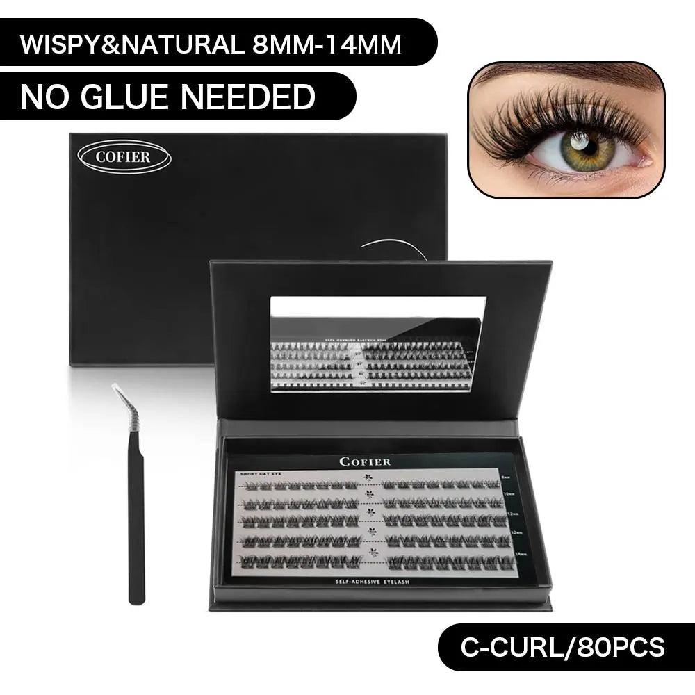 Cofier No Glue DIY Lash Kit Lash Lift Kit at Home Press on Lash Self-Adhesive Eyelash Kit Individual Lashes Beginner Friendly with Tweezers 80/90/120 Pcs Cosmetic Makeup Bottom Lash Clusters