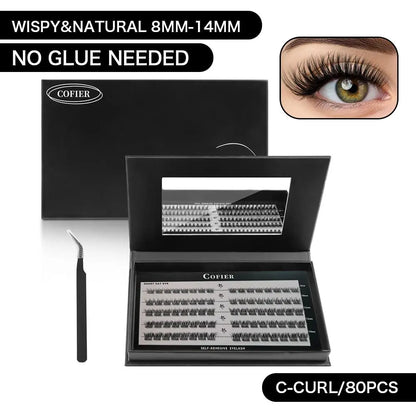 Cofier No Glue DIY Lash Kit Lash Lift Kit at Home Press on Lash Self-Adhesive Eyelash Kit Individual Lashes Beginner Friendly with Tweezers 80/90/120 Pcs Cosmetic Makeup Bottom Lash Clusters