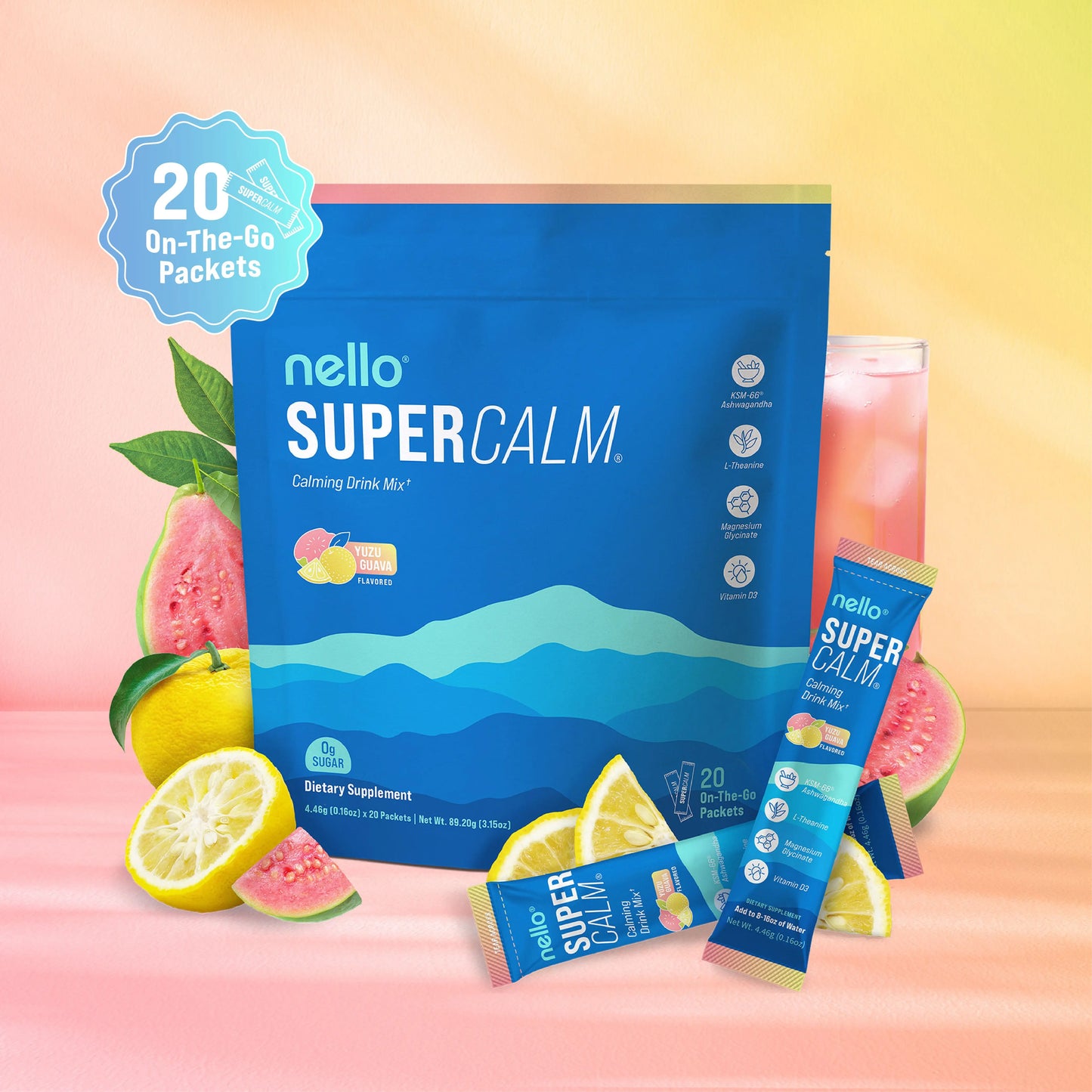 Nello Supercalm Calming Drink Mix with KSM-66 Ashwagandha Vitamin D3 Magnesium & L-Theanine Supports Cortisol Balance Mood Sleep 20 Servings Travel Packets Dietary Supplement