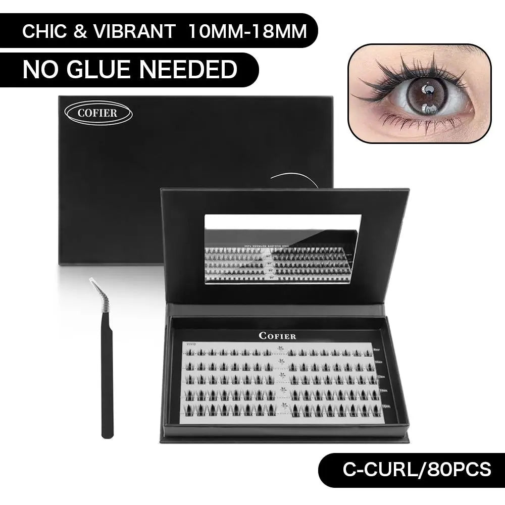 Cofier No Glue DIY Lash Kit Lash Lift Kit at Home Press on Lash Self-Adhesive Eyelash Kit Individual Lashes Beginner Friendly with Tweezers 80/90/120 Pcs Cosmetic Makeup Bottom Lash Clusters