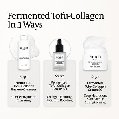 [Aruen Official] Fermented Tofu Collagen Trio - Cleanser + Serum + Cream - 24Hr Fermented Soy Milk with Collagen, Niacinamide & Hyaluronic Acid - Korean Firming & Hydrating Skincare Set for Radiant Skin White Botanical Gels