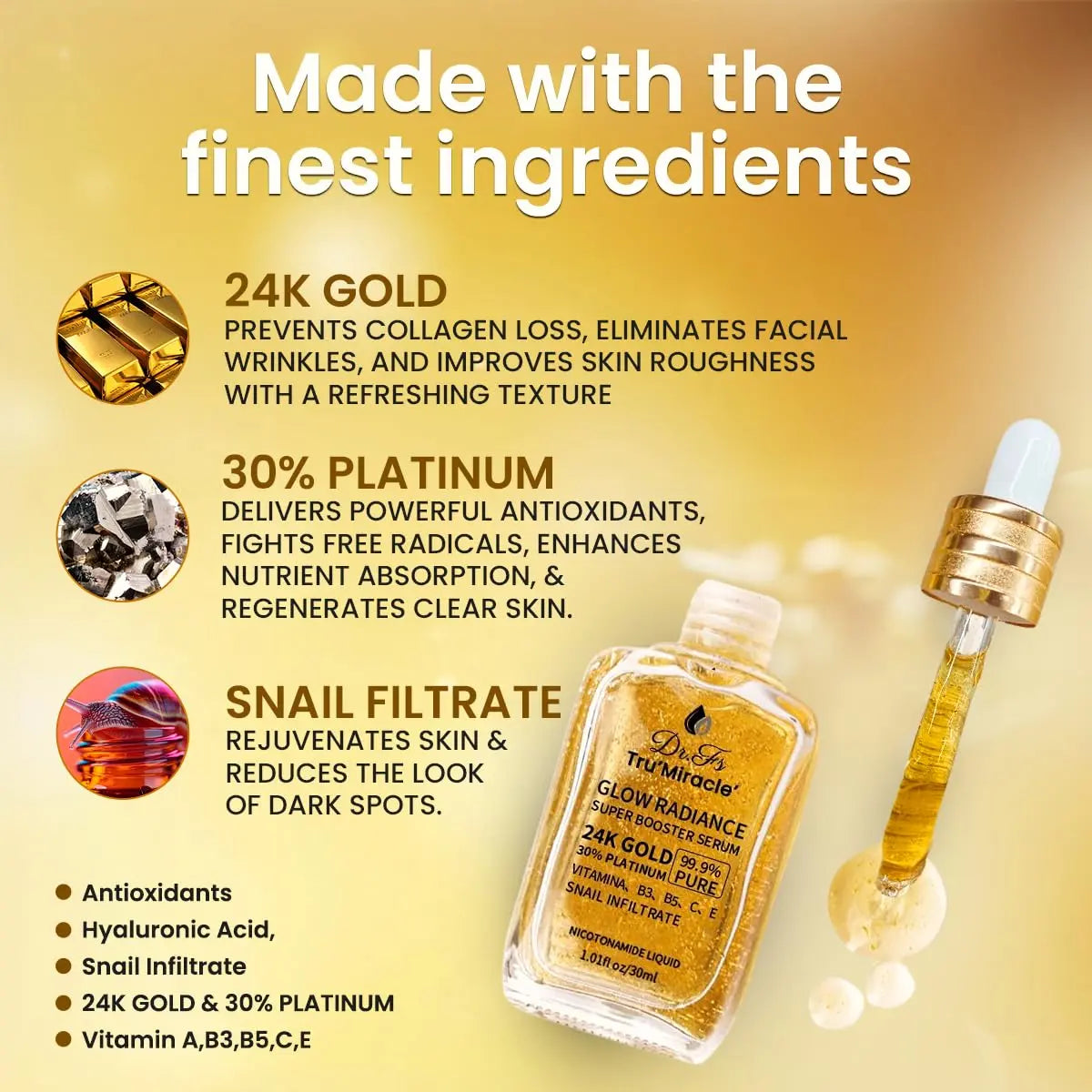 24K Gold Serum for Face with Platinum, Skin Repair Anti-Aging Hydrating, Tightening Firming, Plumping, Lifting Serum Enriched with Retinol, Vitamin B3 C E & Snail Mucin for Boosting Collagen Production, Facial Serum Hydrate Moisturizer Skincare Comfort