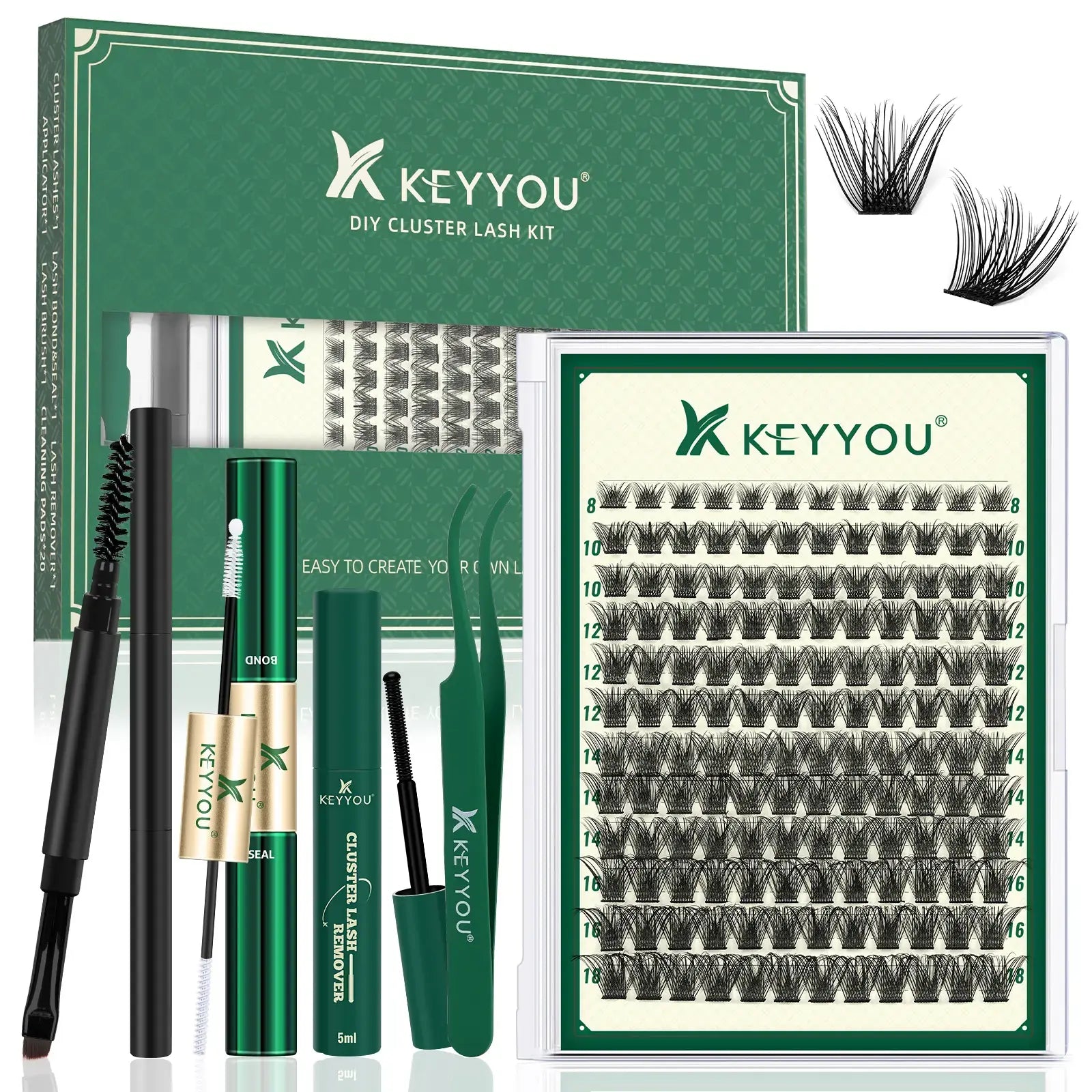 DIY Lash Extension Kit KEYYOU 144Pcs Lash Clusters Eyelash Extension Kit with Mascara Brush Bond and Seal Lash Glue Remover Lash Applicators Lash Brush DIY Cluster Lashes for DIY Lash Extensions (Y03 Kit)