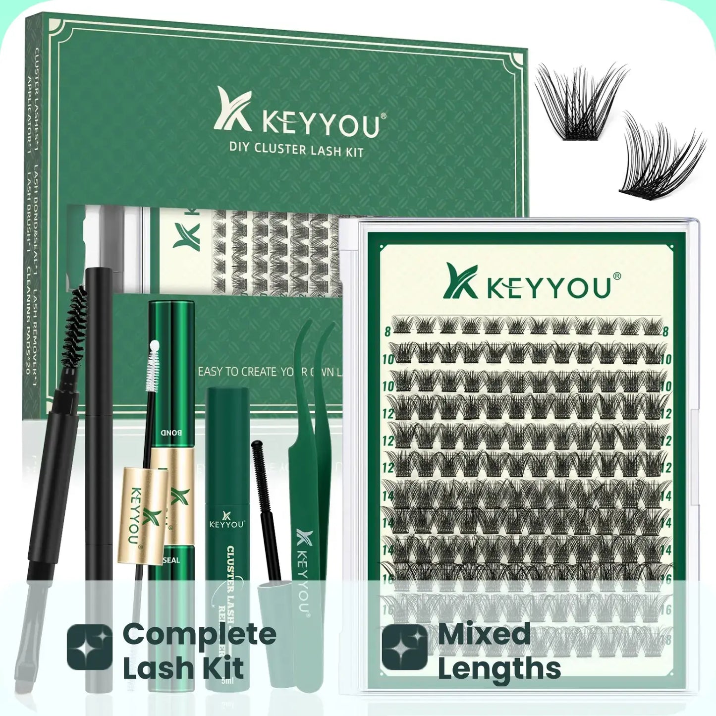 DIY Lash Extension Kit KEYYOU 144Pcs Lash Clusters Eyelash Extension Kit with Mascara Brush Bond and Seal Lash Glue Remover Lash Applicators Lash Brush DIY Cluster Lashes for DIY Lash Extensions (Y03 Kit)