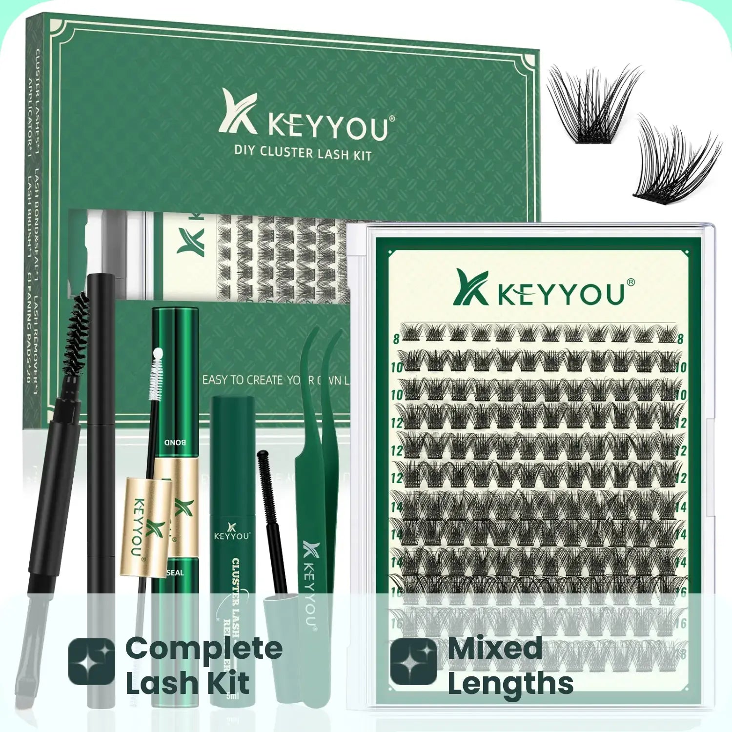 DIY Lash Extension Kit KEYYOU 144Pcs Lash Clusters Eyelash Extension Kit with Mascara Brush Bond and Seal Lash Glue Remover Lash Applicators Lash Brush DIY Cluster Lashes for DIY Lash Extensions (Y03 Kit)