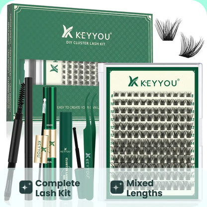 DIY Lash Extension Kit KEYYOU 144Pcs Lash Clusters Eyelash Extension Kit with Mascara Brush Bond and Seal Lash Glue Remover Lash Applicators Lash Brush DIY Cluster Lashes for DIY Lash Extensions (Y03 Kit)