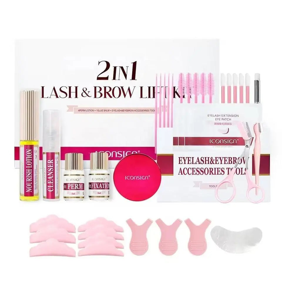 Eyelashes Lift Kit, 1 Box 2 in 1 Lash & Brow Lift Kit, Lash Lift Kit, Eyelash Perm Kit for Beginner , Makeup Products Eyelash & Eyebrow Accessories Tool Set, Including Perm Lotion, Glue Balm, Eyelash Curler, Brow Lamination