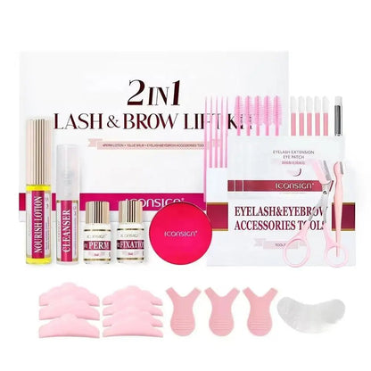 Eyelashes Lift Kit, 1 Box 2 in 1 Lash & Brow Lift Kit, Lash Lift Kit, Eyelash Perm Kit for Beginner , Makeup Products Eyelash & Eyebrow Accessories Tool Set, Including Perm Lotion, Glue Balm, Eyelash Curler, Brow Lamination