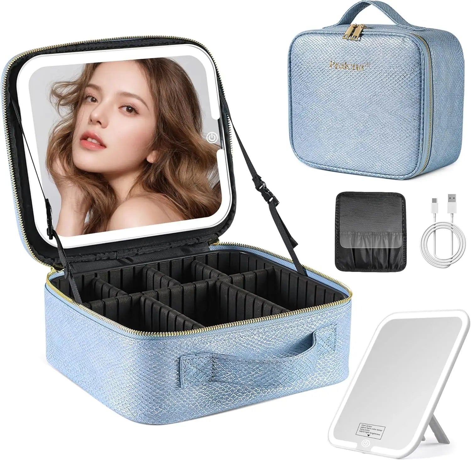 Pralena Travel Makeup Bag with LED Mirror, Cosmetic Train Case with Light up Mirror, Portable Makeup Artist Organizer Bag with Adjustable Dividers, Makeup Brush Holder Storage