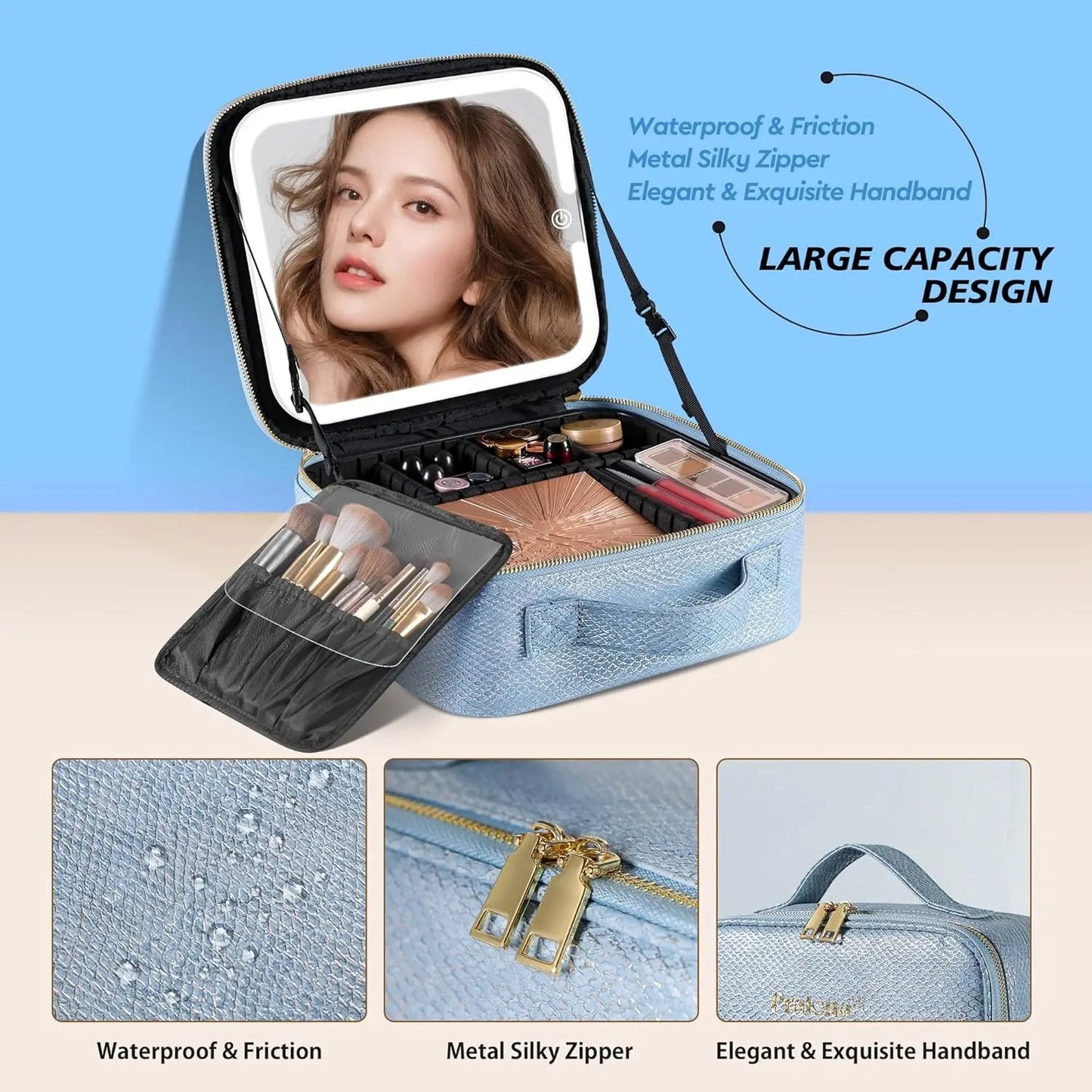 Pralena Travel Makeup Bag with LED Mirror, Cosmetic Train Case with Light up Mirror, Portable Makeup Artist Organizer Bag with Adjustable Dividers, Makeup Brush Holder Storage